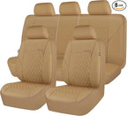 CAR PASS Faux Leather Seat Covers Full Set, Quilting Waterproof Premium Automotive Seat Cover with 5mm Composite Sponge Inside,Airbag Compatible, Universal for Most Cars Sedan SUV Truck, All Beige
