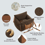 Lesure Small Dog Car Seat for Small Dogs - Sherpa Dog Booster Seat for Car with Storage Pockets and Clip-On Safety Leash and Thickened Memory Foam Filling, Puppy Travel Carrier Bed, Espresso