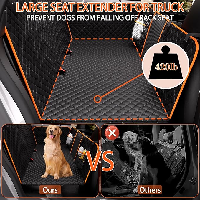 Back Seat Extender for Dogs - Large Space, Heavy-Duty Dog Car Seat Cover for Back Seat with Hard Bottom Holds 420lbs, Waterproof 600D Upgraded Material Dog Hammock for Car,Easy to Use and Clean(black)