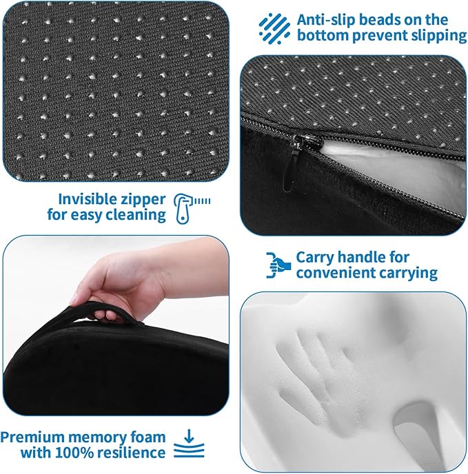 Car Seat Cushion, Memory Foam Cushion Non Slip for Wheelchair, Cars, Desk, Gaming & Office Chairs, Ergonomic Cushions Pad for Tailbone Pain Relief Sciatica & Back Support, Black