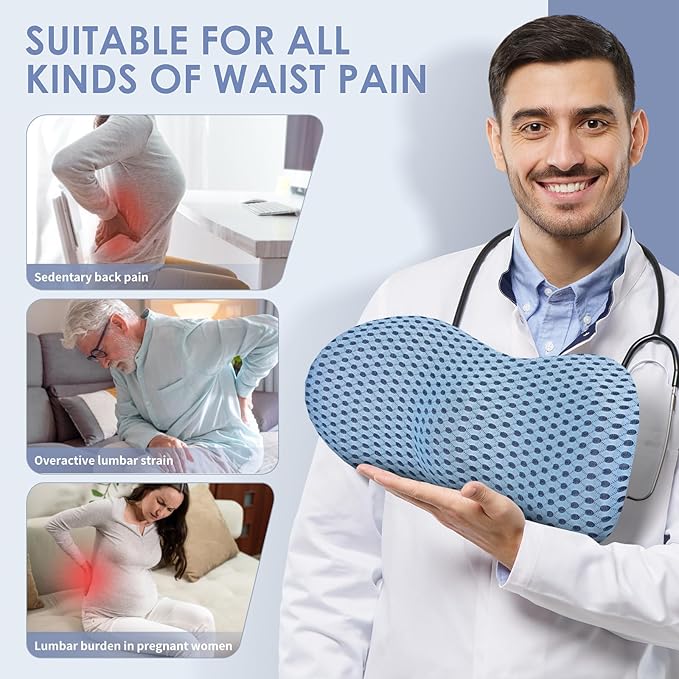 Lumbar Support Pillow, Memory Foam Lumbar Pillow for Lower Back Pain Relief, Back Support Pillow for Office Chair, Car Seat - Blue