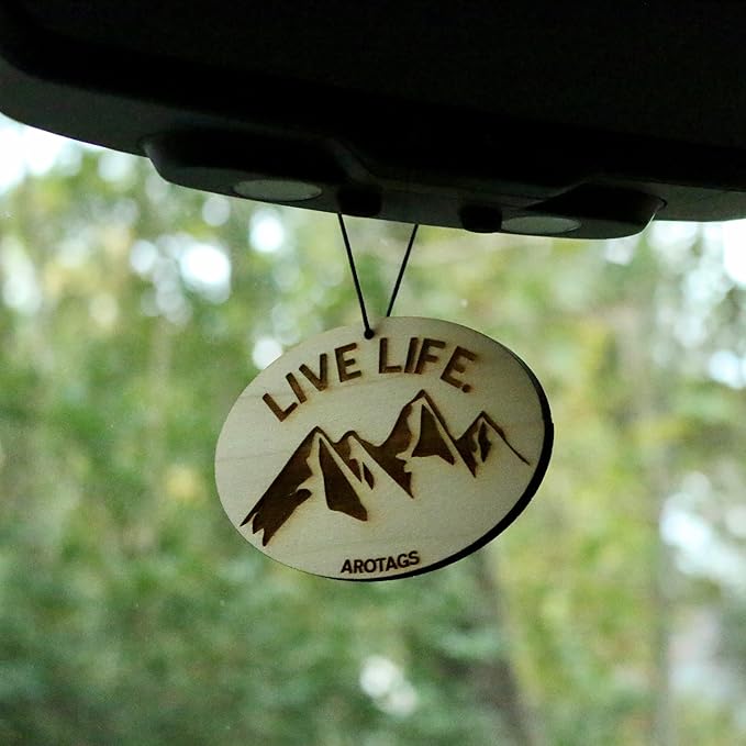 Arotags Wooden Car Air Fresheners - Long Lasting Backwoods Birch Scent Diffuses for 365+ Days - Includes Mountain Adventurer Hanging Mirror Diffuser and Fragrance Oil - 100% American Made
