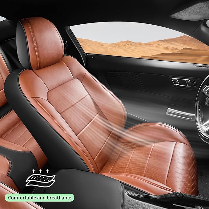 2 Pack Front Seat Cover for Ford Mustang Coupe Hardtop 2015-2026 (NOT FIT Convertible) Faux Leather Waterproof Seat Cover for Cars (Brown+Black-Front)