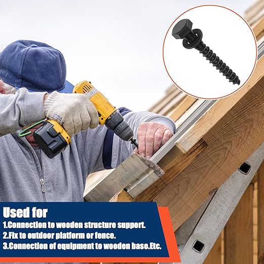 Tandefio 60 Pack 3/8''x 3'' Ceramic Black Lag Screw Kit with Washers Hex Lag Bolts Wood Screws Heavy Duty Ruspert Coating Hot Dip Galvanized Double Layer for Wood Decks Fences