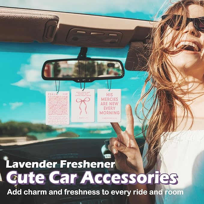 Pink Christian Girls Car Air Freshener Accessories 3pcs, Preppy Coquette Bow Hanging Air Fresheners Decor for Girly Room Closet Bathroom, Scripture Car Scent Lavender Fragrance Card for Women
