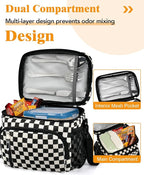 Insulated Lunch Bag for Men & Women, 9L Leakproof Lunch Box Soft Cooler Tote with 5 Pockets, 600D Oxford, EVA Lining, Adjustable Strap for Work, Picnic, Beach&Travel-Corduroy Black Checkered