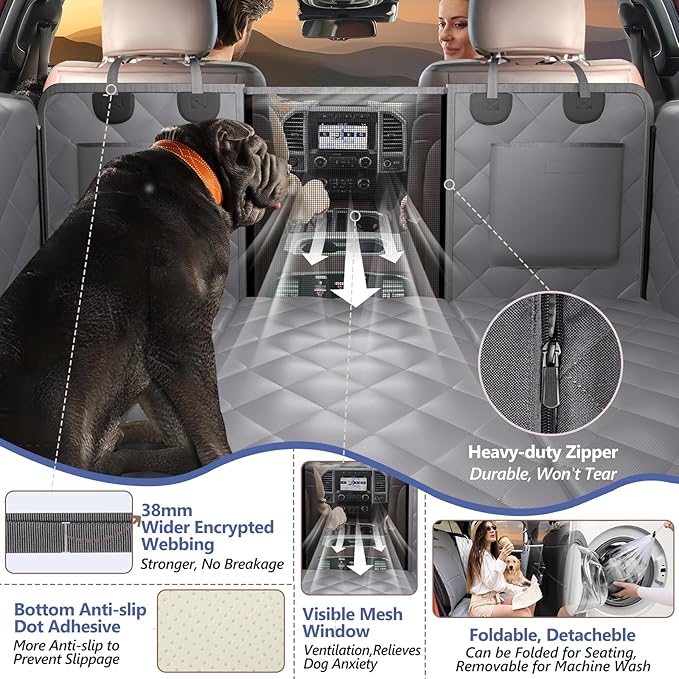 Back Seat Extender for Dogs Truck-Large Space, Dog Pet Seat Cover Back Seat Hard Bottom Holds 420lbs, Waterproof Dog Hammock for Crew Cab Trucks F150, RAM1500, Sierra, Tundra, Silverado, Grey