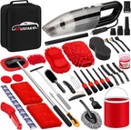 47Pcs Car Wash Cleaning Kit with High Power Handheld Vacuum Windshield Cleaning Tool with Side Mirror Squeegee Bucket Detailing Brushes Tire Brush Towels Complete Detailing Set for Car