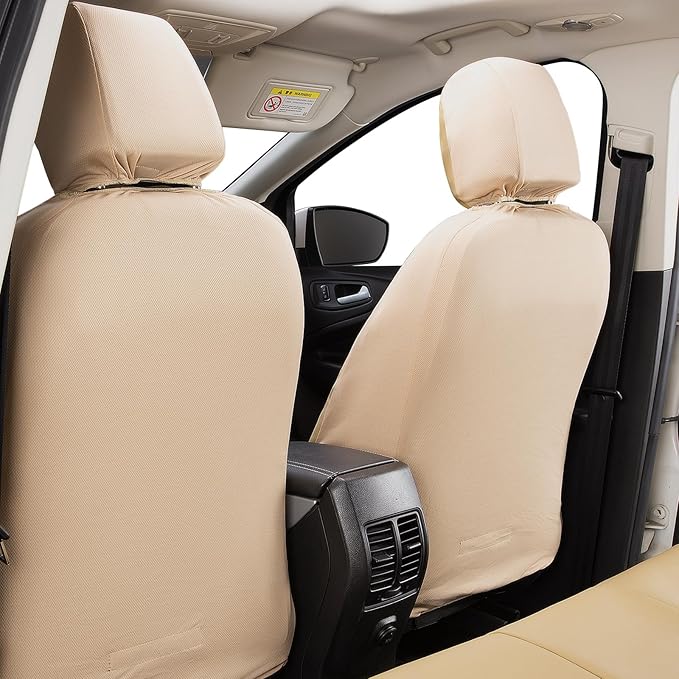 Flying Banner car seat Covers Protects Water Proof Faux Leather Carbon Fiber Fronts Golden Beige (Beige Golden, Front Pair)