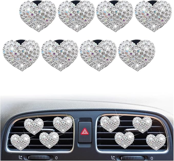 8Pcs Silver Bling Heart Air Vent Clips, Crystal Heart Air Fresheners Vent Clips Car Diffuser Vent Clip Rhinestone Car Decoration Car Interior Decor Cute Car Accessories for Women，Interior Accessories