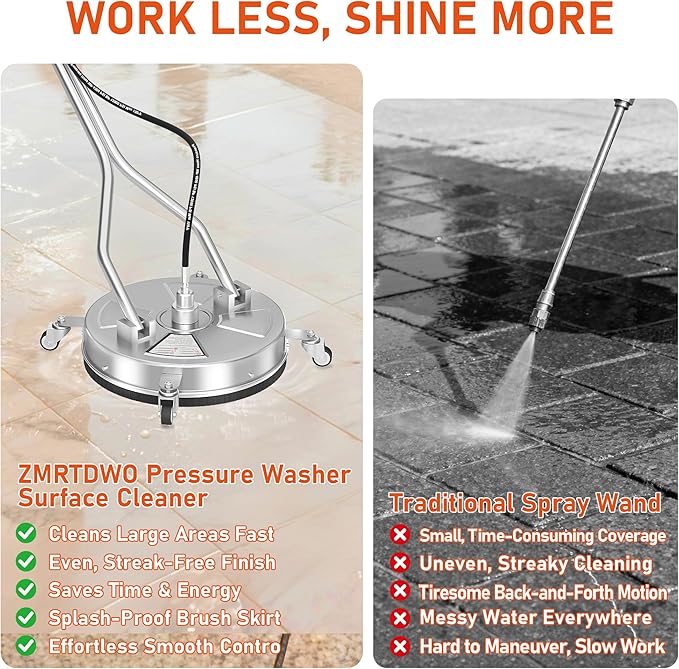 18" Dual Handle Pressure Washer Surface Cleaner with 4 Wheels, 4000 PSI Max Stainless Steel Surface Cleaner for Pressure Washer, 3/8" Inlet Connector, for Concrete, Patio, Sidewalk, Deck