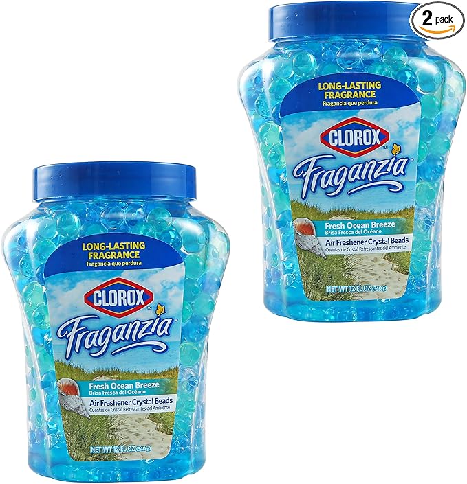 Clorox Fraganzia Crystal Beads Air Freshener, Long Lasting Room Deodorizer and Odor Eliminator Gel Beads to Freshen Home, Car, or Office, Fresh Ocean Breeze Scent, 12 Fl Oz - 2 Pack