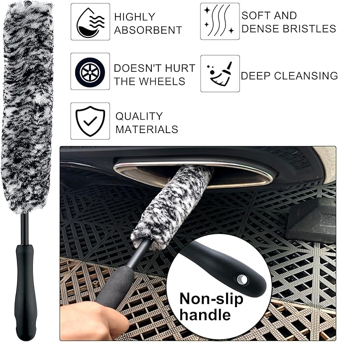 9Pcs Grey Wheel Tire Brush Set - Cleaning Brushes for Wheels, Tires, Rims & Spokes
