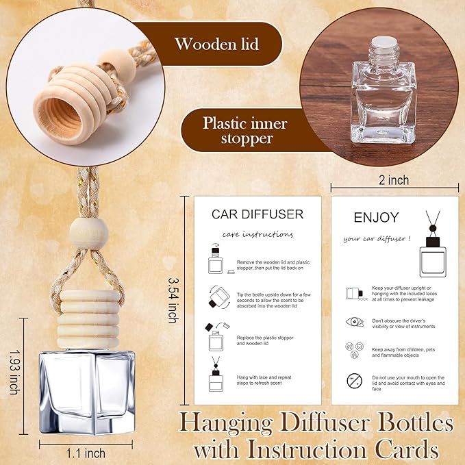 Boao 25 Sets Hanging Car Air Freshener Diffuser Bottles Empty Bulk with Car Diffuser Instruction Cards Organza Bags Glass Refillable Essential Oil Fragrance Aromatherapy Pendant (Cube, Clear)