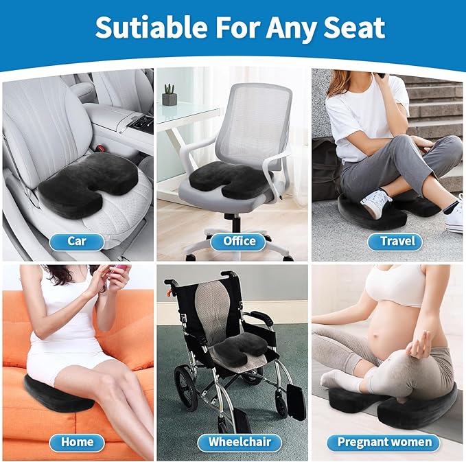 Car Seat Cushion, Memory Foam Cushion Non Slip for Wheelchair, Cars, Desk, Gaming & Office Chairs, Ergonomic Cushions Pad for Tailbone Pain Relief Sciatica & Back Support, Black