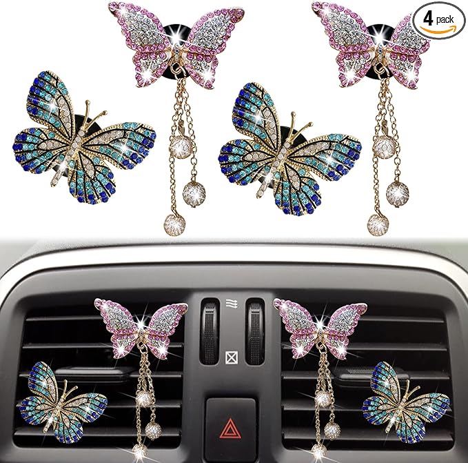 Bling Butterfly Air Vent Clips, 4 Pcs Crystal Pendant Fresheners, Diffuser Diamond Decoration, Cute Interior Decor Accessories for Women