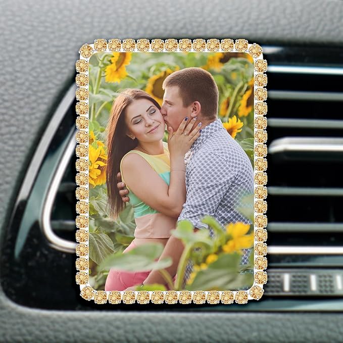 Custom Rhinestone Car Vent Clip Air Freshener with Photo – Personalized Acrylic Picture Frame for Car Interior Decoration Accessories, Rectangular Shape (Champagne, One Size)