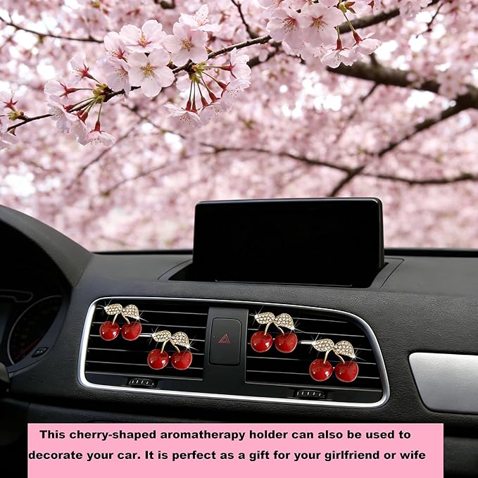 4Pcs Cherry-Shaped Car Air Freshener Vent Clips with Rhinestones, Unscented Cute Car Air Freshener for Men Women, Fragrance Diffuser Clip for Car and Truck Air Fresheners, Sparkling Decor-A10