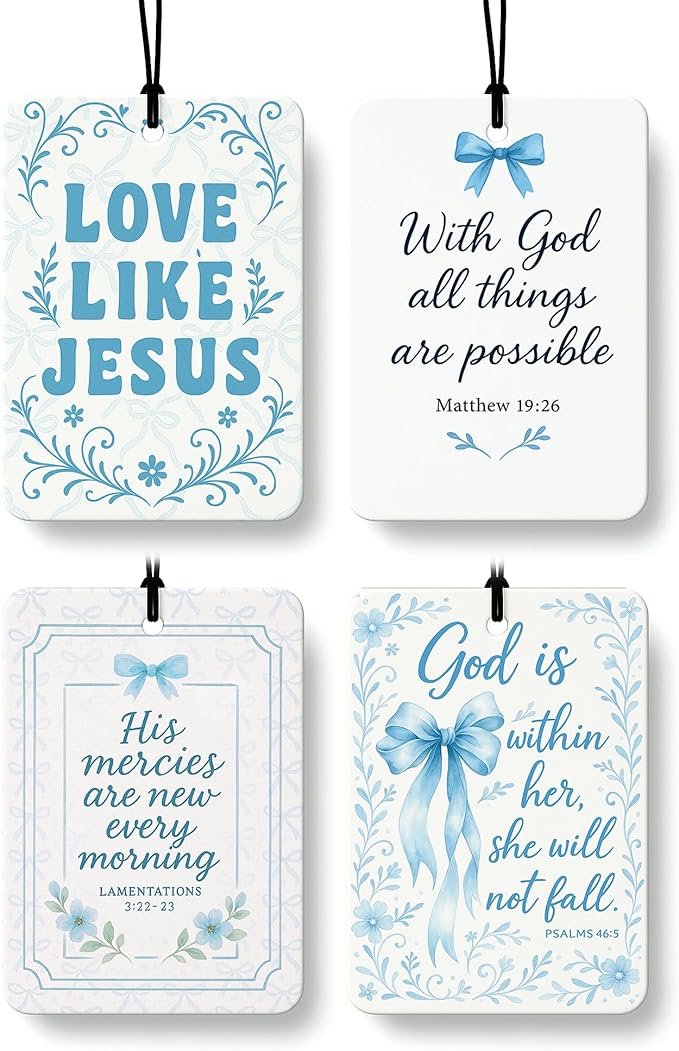 Coquette Blue Bow Floral Christian Car Air Freshener 4 Pcs, Preppy Girly Religious Hanging Air Freshener for Cars Closet Drawer Books, Cute Christian Car Accessories Mirror Decor for Women