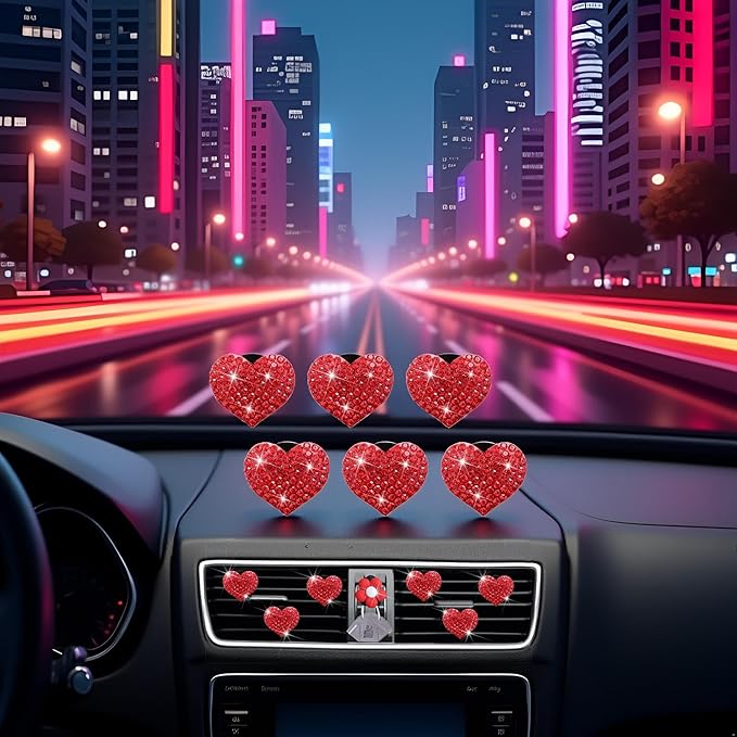 6Pcs Bling Heart Air Vent Clips Red Heart Car Air Fresheners Vents Clips Car Diffuser Diamond Car Interior Decor Charm Decoration Cute Accessories for Women Automotive