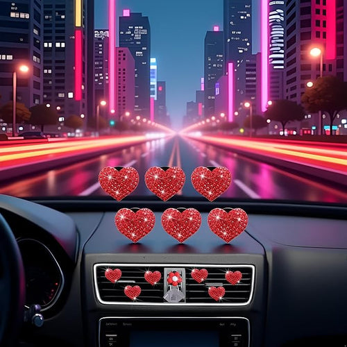 6Pcs Bling Heart Air Vent Clips Red Heart Car Air Fresheners Vents Clips Car Diffuser Diamond Car Interior Decor Charm Decoration Cute Accessories for Women Automotive