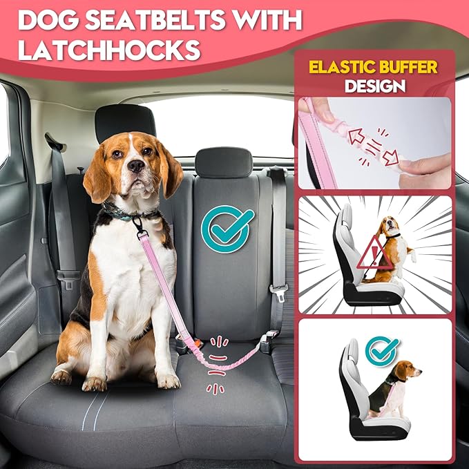 2 Piece Dog Car Seat Belt Harness Retractable Restraint for Car Headrest Adjustable Heavy Duty & Elastic & Durable Dog Car Seat Belt (Pink)