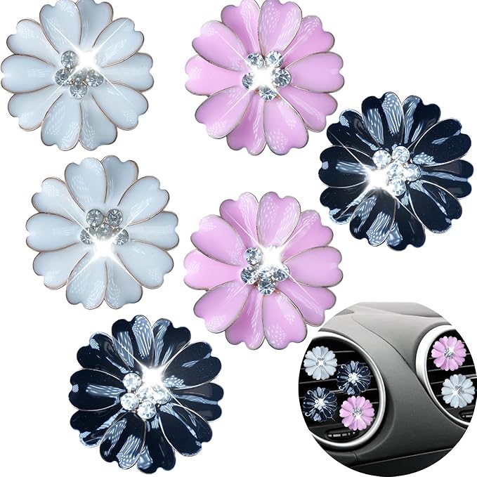 Bling Flower Air Freshener Vent Clips Car Accessories, 6Pcs Rhinestone Sparkly Air Vent Clips for Fresheners Car Decoration, Airs Freshener Vents Clip for Women Gifts