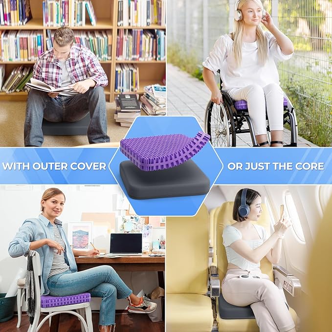 TushGuard Gel Seat Cushion for Long Sitting, Enlarged & Thickened Patent Design, Breathable Cooling for Office Chair, Soft Car Seat Cushion for Wheelchair (Standard, Grey)