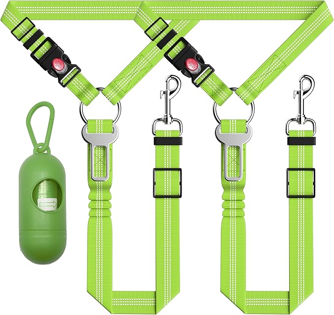 Dog Car Seat Belt - 3 Piece Set Retractable Dog Harness with Adjustable Reflective Seatbelt for Vehicle Headrests - Heavy Duty & High Elastics - Green