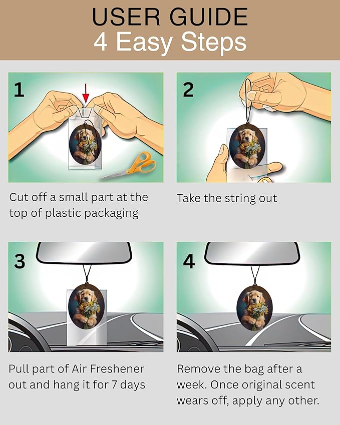 Golden Retriever - Dog Car Air Freshener - Cute Hanging Dog with Flowers Decor New Car Scent, Infusible with Your Own Scent, Pet Safe, Non-Toxic, Freshener for Car, Closet, Office Size - 3x4"