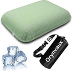 Cooling Camping Pillow, Memory Foam Travel Pillow with Adjustable Buckle Strap & Storage Bag, Compact Small Pillow for Airplane, Car Lumbar, Office, Washable Cooling Cover, Canopy Green