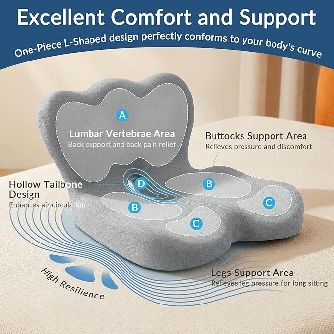 Exclusivo Mezcla Memory Foam Seat Cushion, Ergonomic Tailbone Pain Relief Cushions, Non-Slip Seat Pad for Office Chair and Car Seat, Light Grey