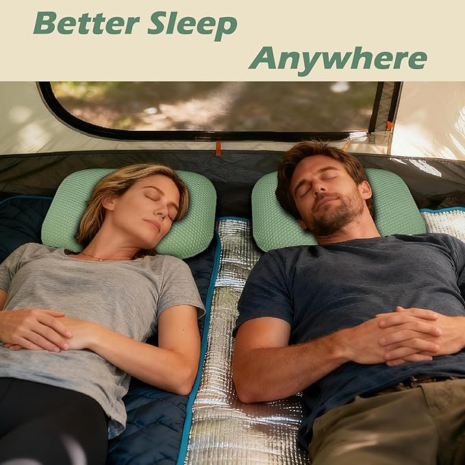 Cooling Camping Pillow, Memory Foam Travel Pillow with Adjustable Buckle Strap & Storage Bag, Compact Small Pillow for Airplane, Car Lumbar, Office, Washable Cooling Cover, Canopy Green