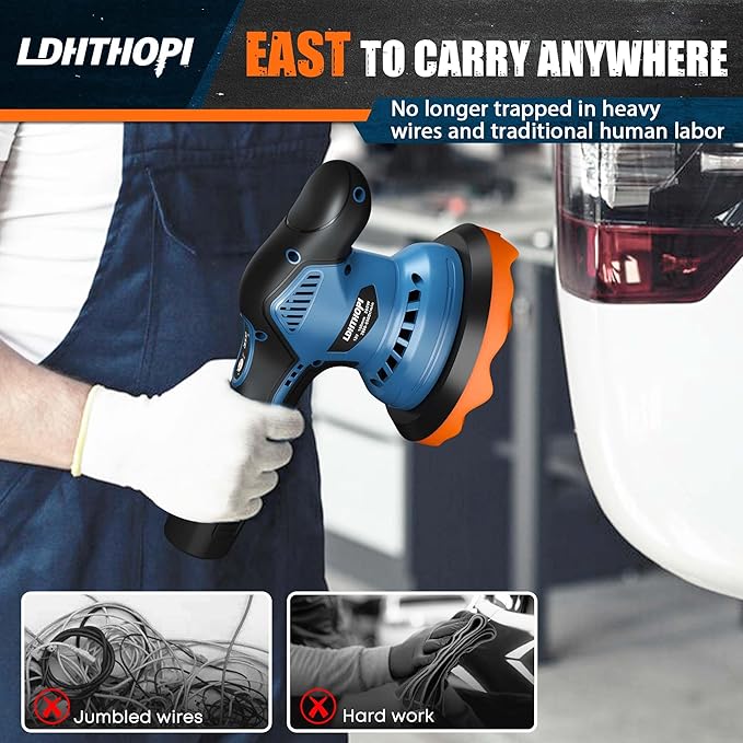 Cordless Polisher, 12V 2000mAh Battery Dual Action Polisher, 8 Variable Speed, 2600-6000OPM for Car Detailing, for Car, Boat, Wall, Floor, DIY (2 Batteries)