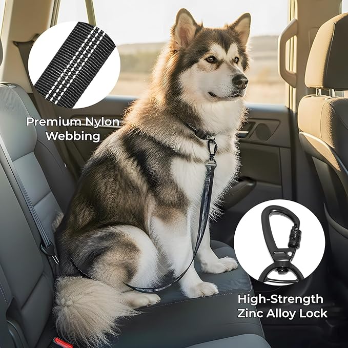 Dog Seat Belt for Car Seatbelt Clip or Hook Latch, Adjustable Reflective Bungee Dog Leash with Locking Zinc Alloy Carabiner, Elastic Buffer, Fits Most Cars/SUVs/Trucks (Black)