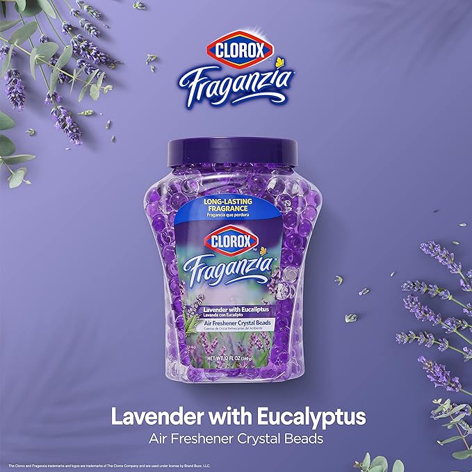 Clorox Fraganzia Crystal Beads Air Freshener Twin Pack, Long Lasting Room Deodorizer and Odor Eliminator Gel Beads for Home, Car, or Office, Lavender with Eucalyptus Scent, 24 Fl Oz