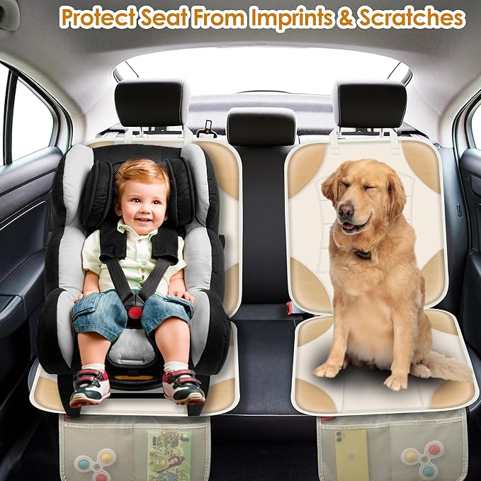 Sinvitron Car Seat Protector for Child Car Seat - Waterproof Non-Slip Leather Mat with 2 Mesh Pockets, Universal Seat Cover for Baby, Pets & Vehicles (1-Pack, Off-White)