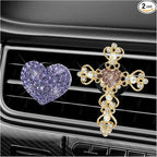 2 PCS Bling Car Vent Clip, Crystal Rhinestone Cross and Heart Car Air Fresheners Vent Clips, Diamond Car Air Conditioner Outlet Decoration Charm for Women, Car Accessories (Purple)