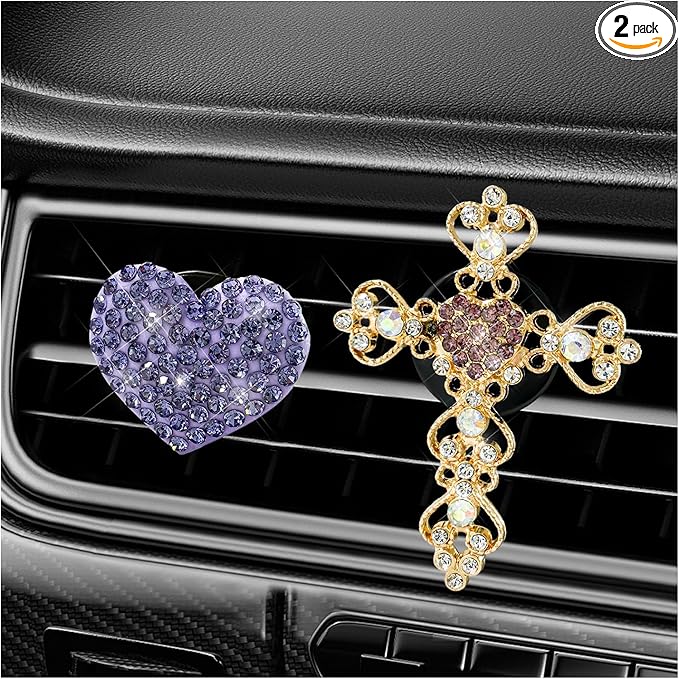 2 PCS Bling Car Vent Clip, Crystal Rhinestone Cross and Heart Car Air Fresheners Vent Clips, Diamond Car Air Conditioner Outlet Decoration Charm for Women, Car Accessories (Purple)