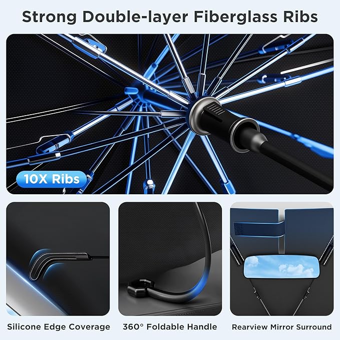 2026 Upgraded Windshield Sun Shade Umbrella [7-Layer Vinyl Coating Heat Shield] Foldable Front Window Sunshade Umbrella Flexible Handle Protect Interior from UV Keep Car Cooler (61" x 34.5")