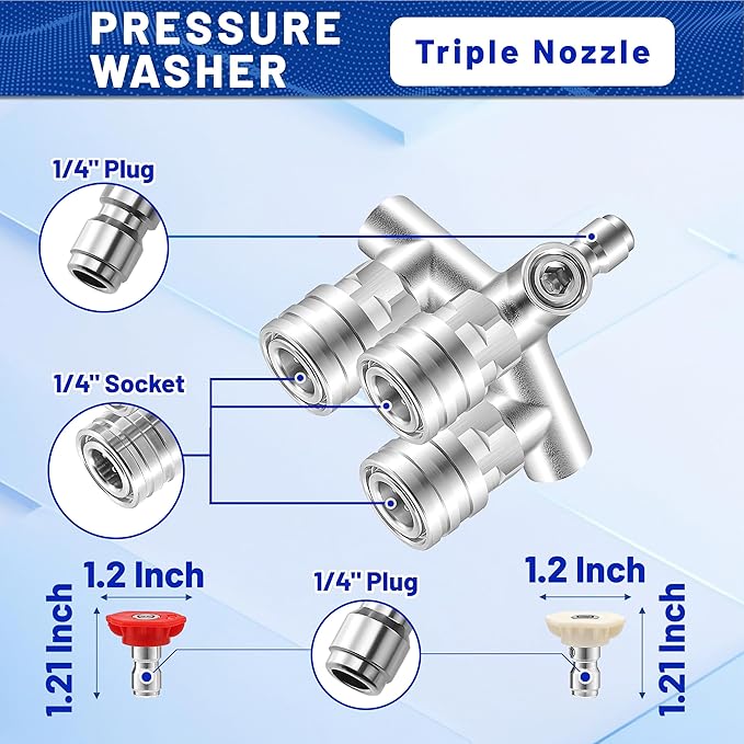 Triple Pressure Washer Nozzle, 3-in-1 Power Washer Tips, 3 Nozzles for Pressure Washing with 12PCS Power Washer Spray Nozzles (0, 15, 25, 40 Degree), 1/4 Inch Quick Connect, 5000 PSI