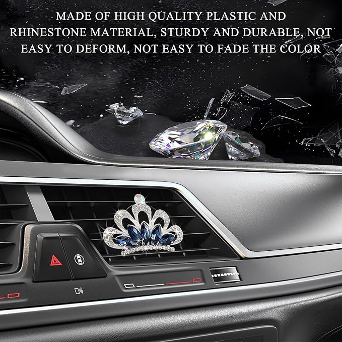 2 PCS Bling Car Air Vent Clips, Crystal Rhinestone Crown Vent Decorative Air Freshener Clips, Sparkly Diamond A/C Outlet Aroma Diffuser Clip for Vehicles, Car Accessories (Blue)