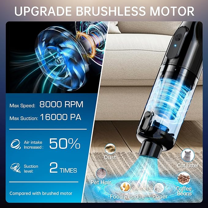 Handheld Vacuum Cordless, Car Vacuum with 16000Pa Powerful Suction, Lightweight at 1.3 lbs, Type-C Charge, Multiple Accessories, Rechargeable Vacuum Cleaners for Home Office Car Pet