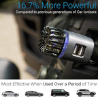 Car Air Purifier Ionizer - 12V Plug-in Ionic Anti-Microbial Car Deodorizer with Dual USB Charger - Smoke Smell, Pet and Food Odors, Allergens, Viruses Eliminator for Car (Matte Silver)