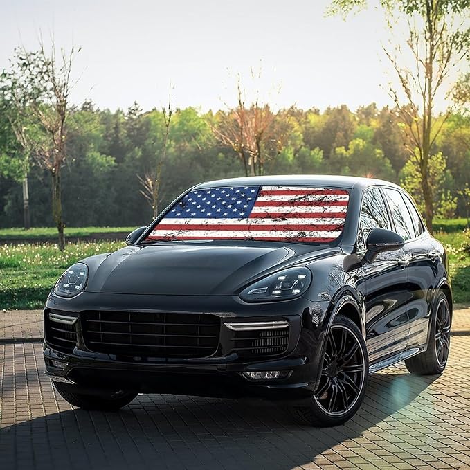 Retro American Flag Car Windshield Sun Shade Umbrella Foldable America Patriot Sunshade for Front Window Auto Windshield Sunshade Covers USA Car Accessories Protect from Sun Rays Heat 57'' X 30''