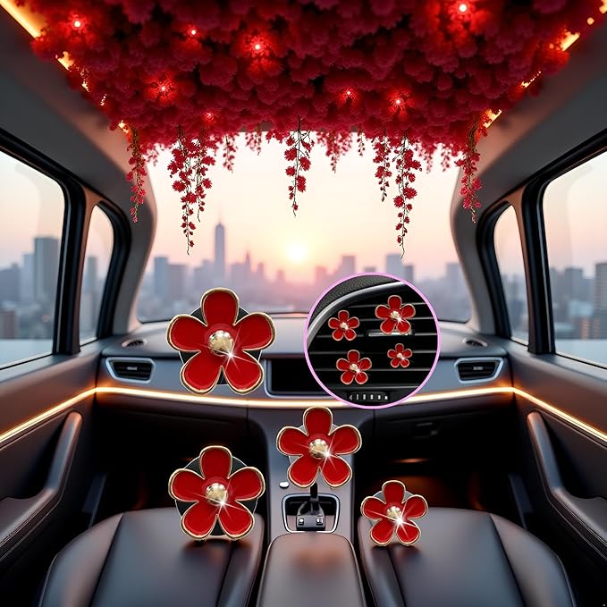 4Pcs Car Accessories Daisy Flowers Cars Air Freshener Vent Clips,4 Sizes Cute Car Flowers,Clips,Girly Women Flowers Cars Accessories,Refillable,Diffuser Air Fresheners Accessories (Red)