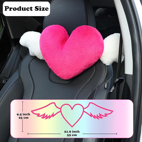 2 Pack Heart Shaped Cute Car Headrest Pillow with Angel Wings - Comfortable Soft Head Rest Cushion Kawaii Car Accessories Neck Pillow for Driving Travelling Office Home Decor - Rose Red Love Heart