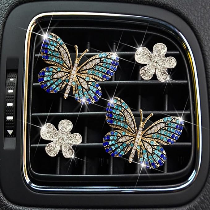 4 Pcs Blue Bling Butterfly Air Vent Clips, Crystal Daisy Car Air Fresheners Vent Clips Car Diffuser Vent Clip Rhinestone Diamond Flower Decoration Car Decor Bling Accessories for Women
