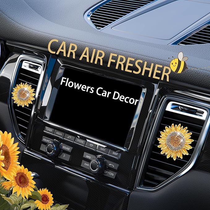 Sunflower Car Decor,2pcs Sun Flowe Car Air Freshener Air Vent Clips,Women Interior Dashbaord Decorations Aesthetic,Bling Yellow Flowers Vent Clips