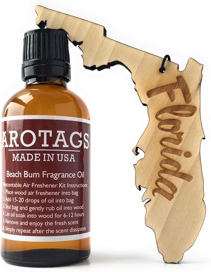 Arotags Florida Wooden Car Air Freshener - Long Lasting Beach Bum Scent Diffuses for 365+ Days - Includes Hanging Mirror Diffuser and Fragrance Oil - 100% American Made
